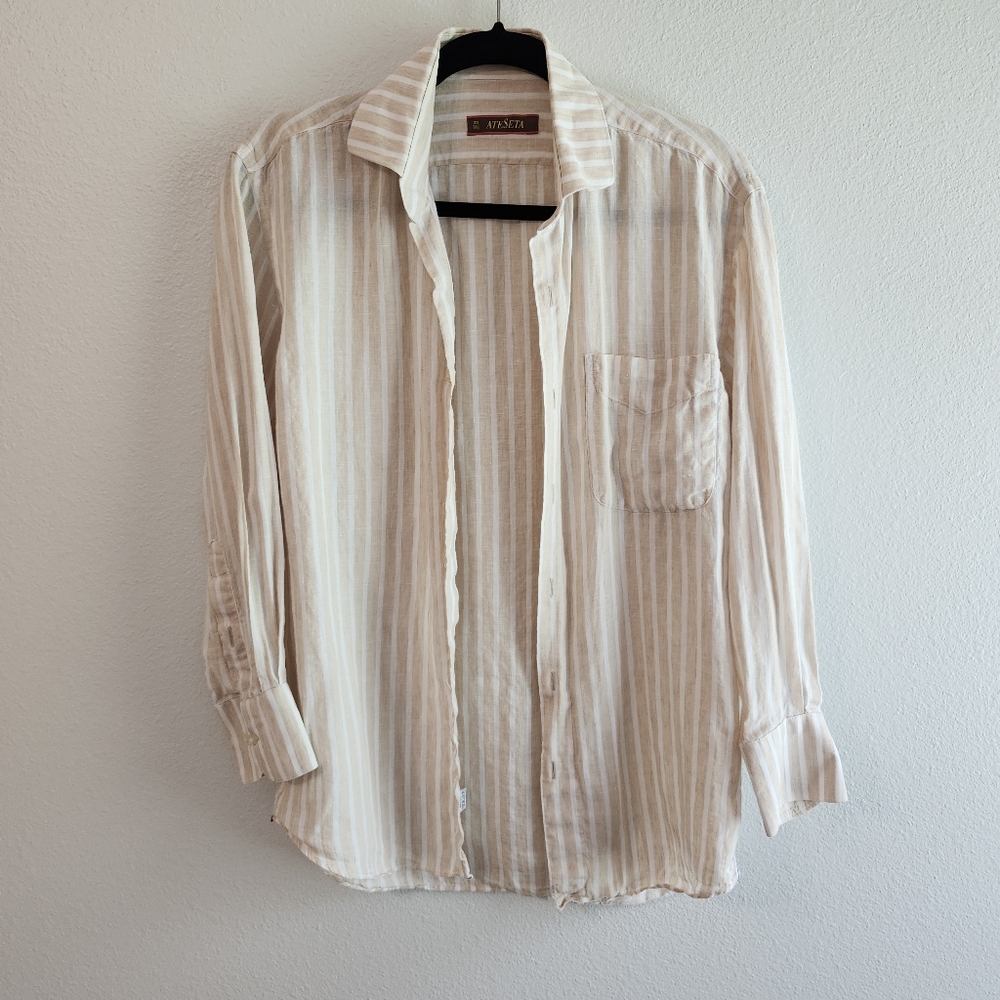 ♡ Ateseta Mens Linen Casual Striped Shirt Sz 39/15.5 EUC